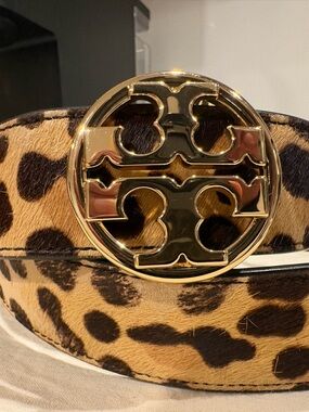 Tory Burch Belt Leopard Print Calf Hair with Gold Logo Buckle Size Large